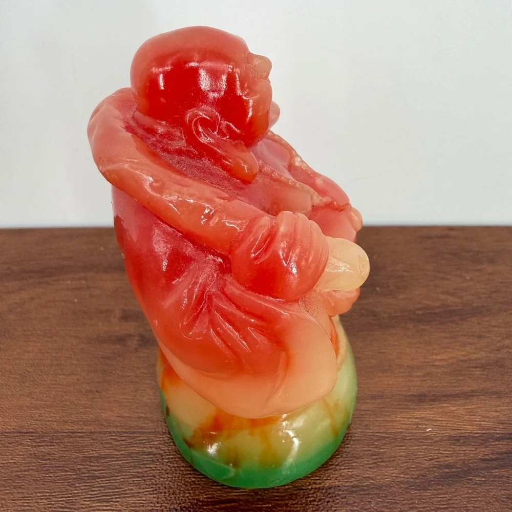 VTG 90s Fire Red & Green Translucent Resin Buddha Ogi Fan‎ & Wu Lou 3.75